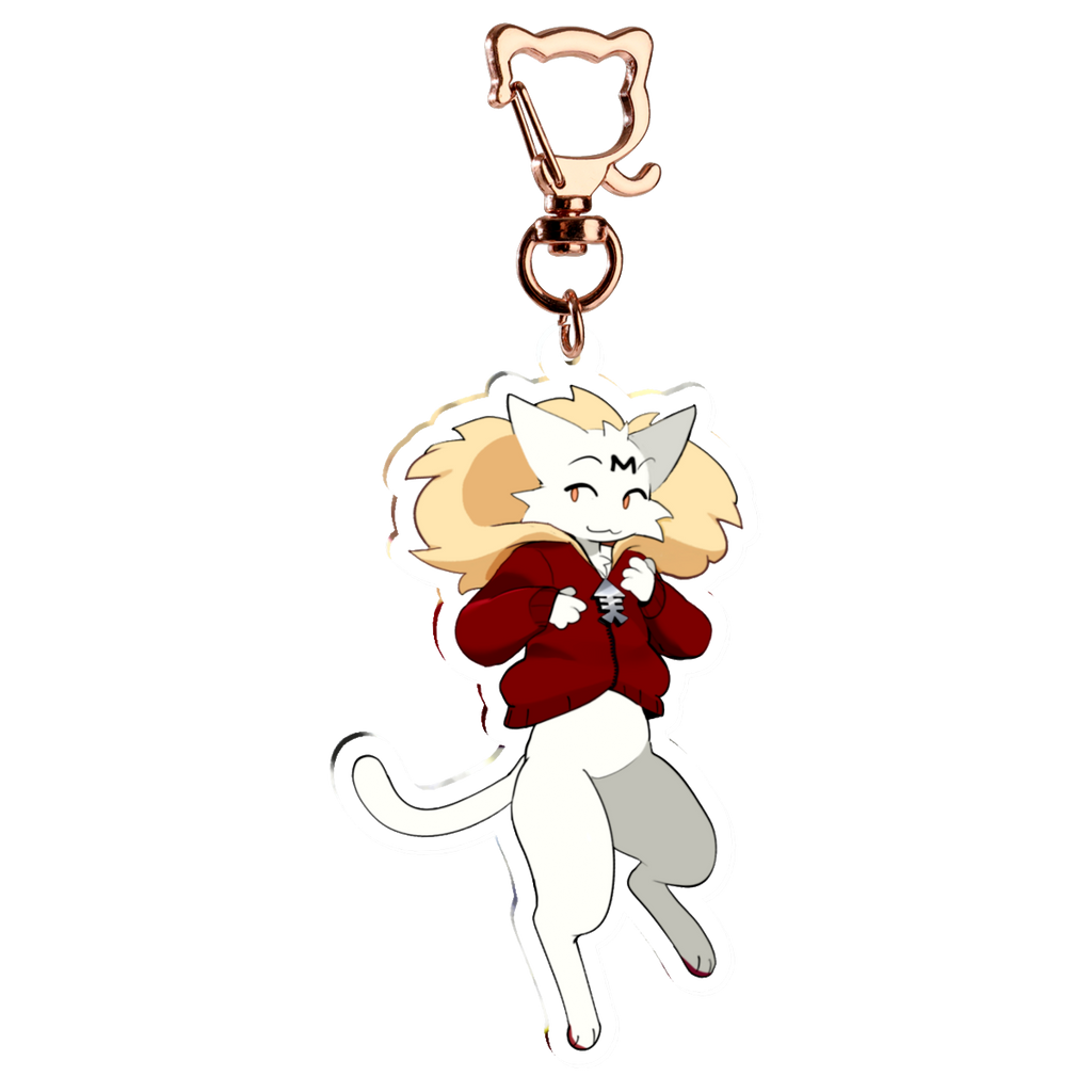 An anime-style acrylic keychain charm of a cat character wearing a red zip-up jacket, attached to a rose gold clasp, shown on a plain white background.