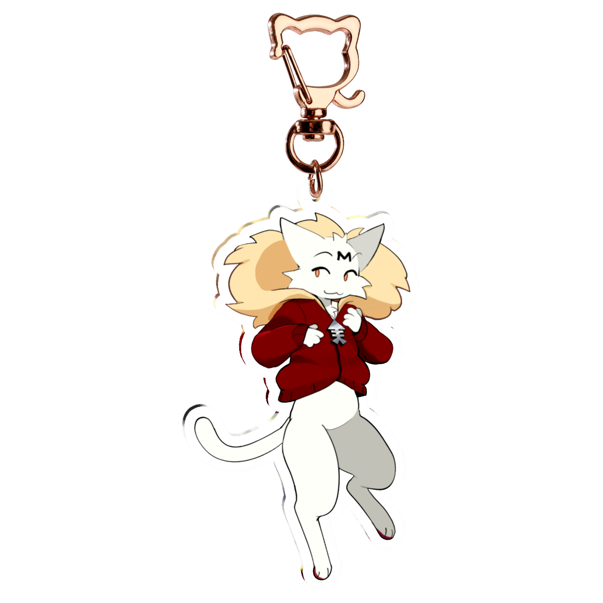 An anime-style acrylic keychain charm of a cat character wearing a red zip-up jacket, attached to a rose gold clasp, shown on a plain white background.