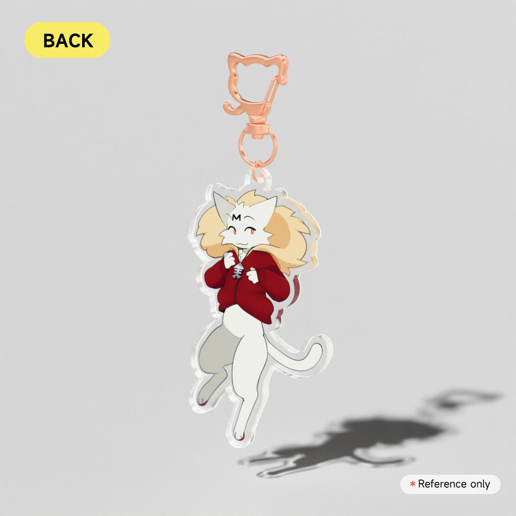 An acrylic keychain charm featuring an anime-style white cat character with blonde hair, wearing a red hoodie, attached to a peach-colored metal clasp. The image is set against a light gray background with a soft shadow cast to the right, and includes 'BACK' and 'Reference only' text overlays.