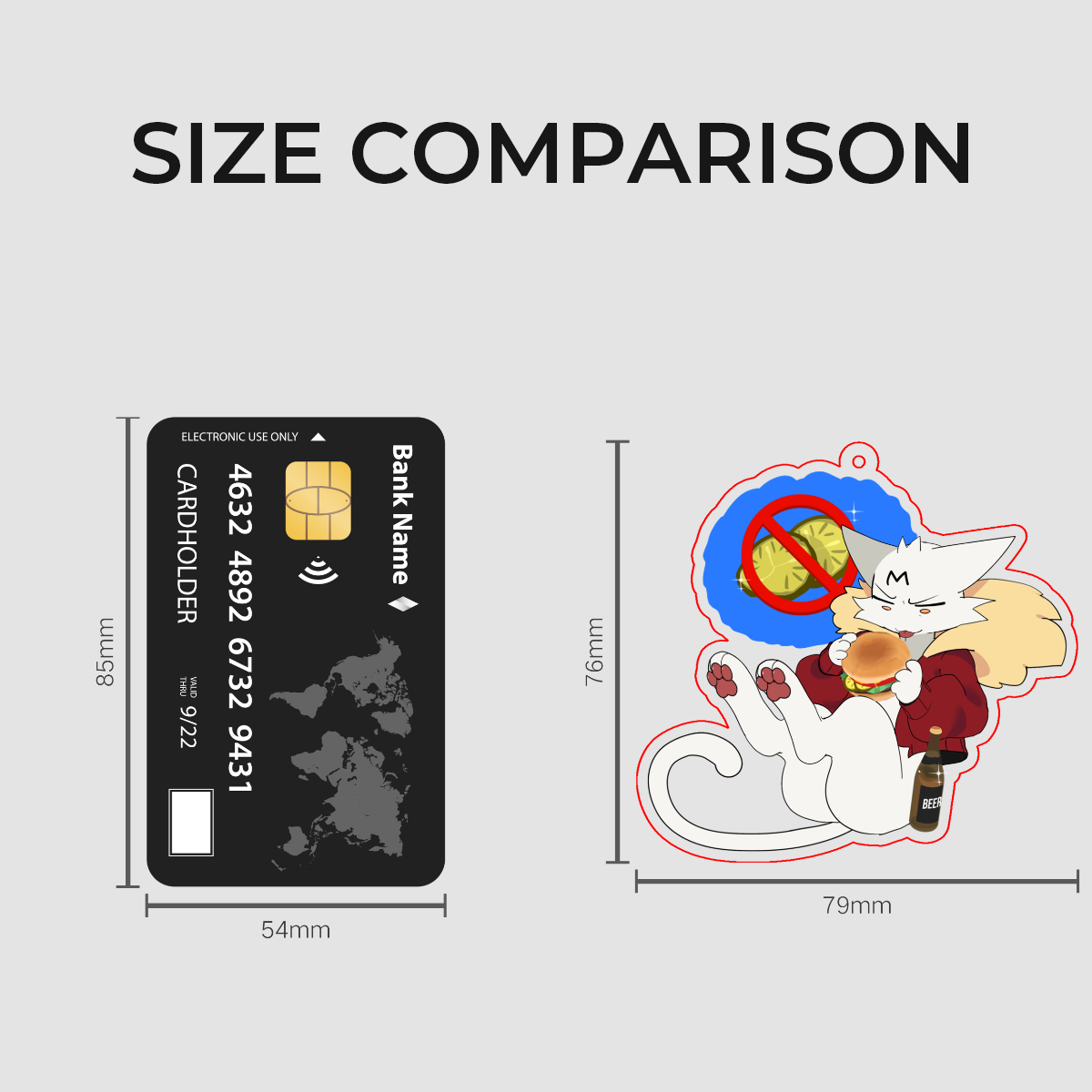 Size comparison graphic showing a black credit card on the left and a cartoon cat sticker on the right, with dimensions labeled in millimeters under the heading 'SIZE COMPARISON'.