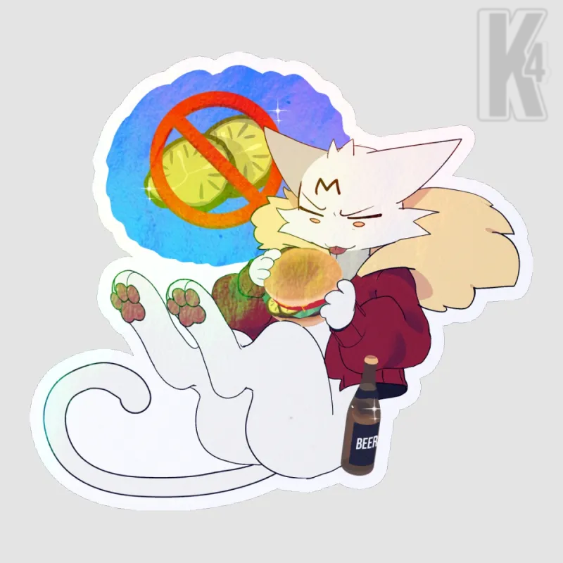 A die-cut sticker featuring a cartoon white cat character with a red hoodie, holding a burger, with a blue splash graphic behind it showing lime slices under a red prohibition sign. A small beer bottle illustration sits near the cat's feet.