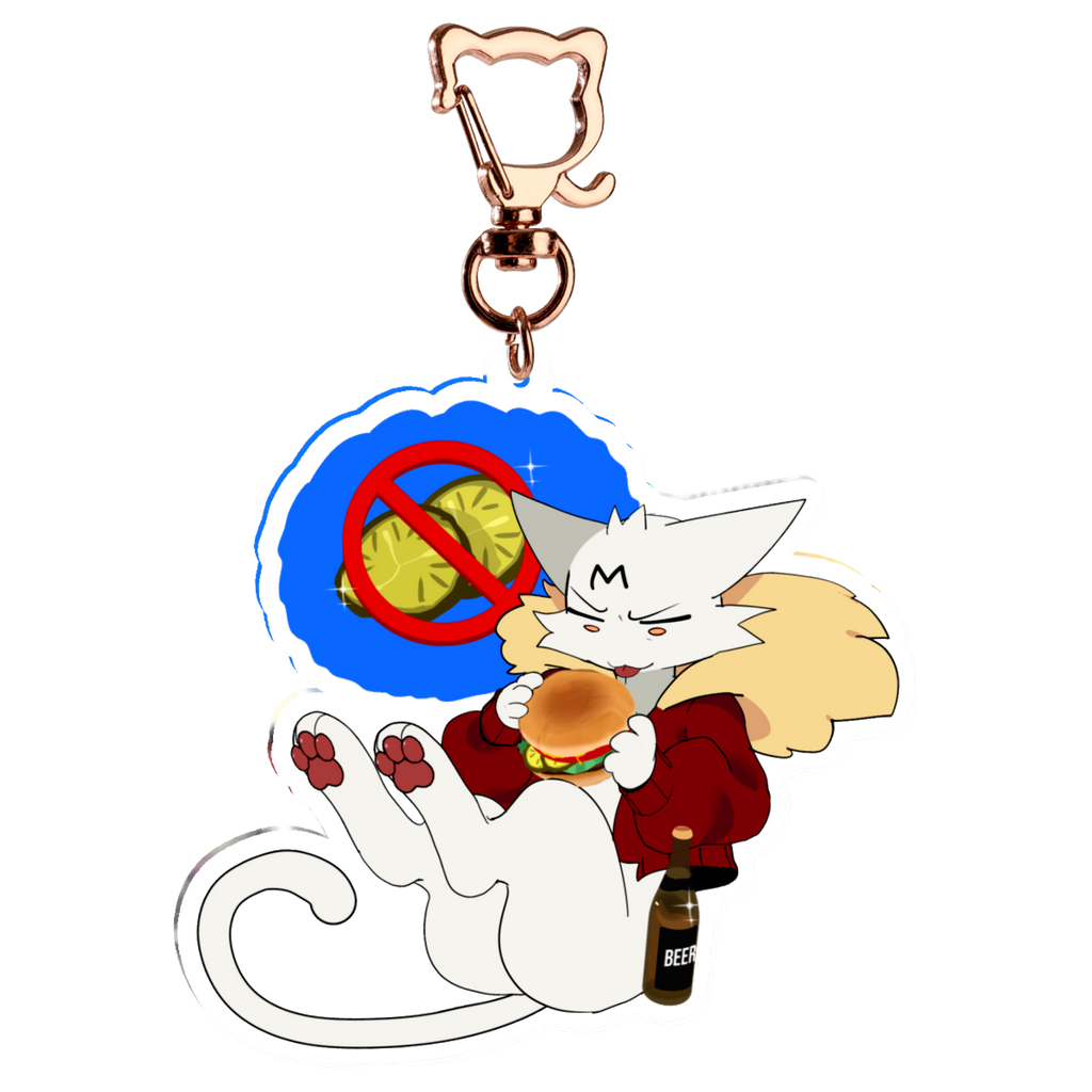 A cartoon keychain charm featuring a white cat character in a red hoodie eating a burger, with a blue circular graphic of two green pickles crossed out in red behind it, attached to a rose gold clasp on a plain white background.