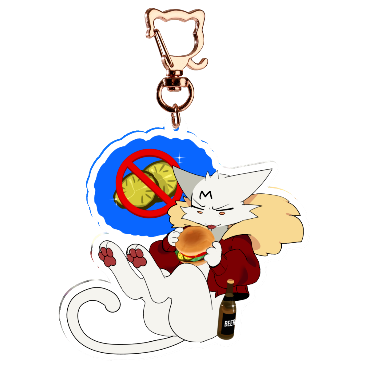 A cartoon keychain charm featuring a white cat character in a red hoodie eating a burger, with a blue circular graphic of two green pickles crossed out in red behind it, attached to a rose gold clasp on a plain white background.