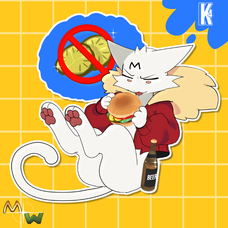 A die-cut sticker featuring an anthropomorphic white cat wearing a red hoodie and holding a hamburger, with a blue cloud showing a lemon slice crossed out in red and a beer bottle nearby. The sticker is displayed on a yellow grid background with decorative text elements.