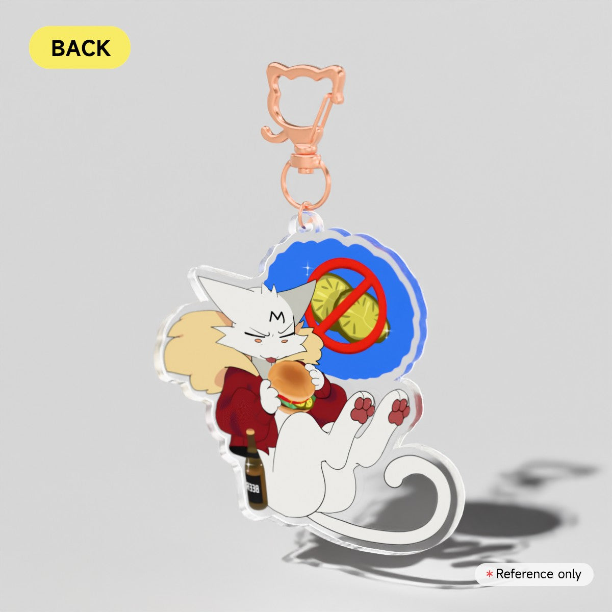 An acrylic keychain charm featuring an anime-style white cat character holding a burger and bottle, with a blue circular graphic and red prohibition symbol, attached to a peach-colored clasp on a light gray background.