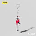 A silver metal charm keychain featuring a stylized anime character in a red and white outfit, shown against a light gray background with a yellow 'FRONT' label and a 'Reference only' sticker. Anthro Lamb or known As a furry lamb character.