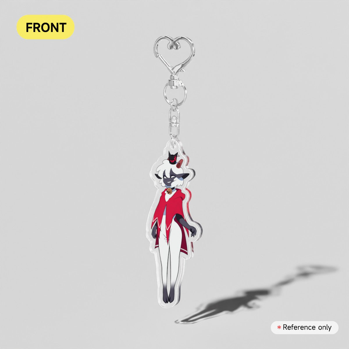 A silver metal charm keychain featuring a stylized anime character in a red and white outfit, shown against a light gray background with a yellow 'FRONT' label and a 'Reference only' sticker. Anthro Lamb or known As a furry lamb character.