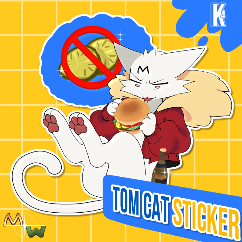A die-cut sticker featuring an anthropomorphic white cat character wearing a red hoodie and eating a hamburger, with a blue cloud showing two slices of pizza under a red prohibition symbol. The sticker is presented on a yellow grid background with a blue banner reading 'TOM CAT STICKER'.