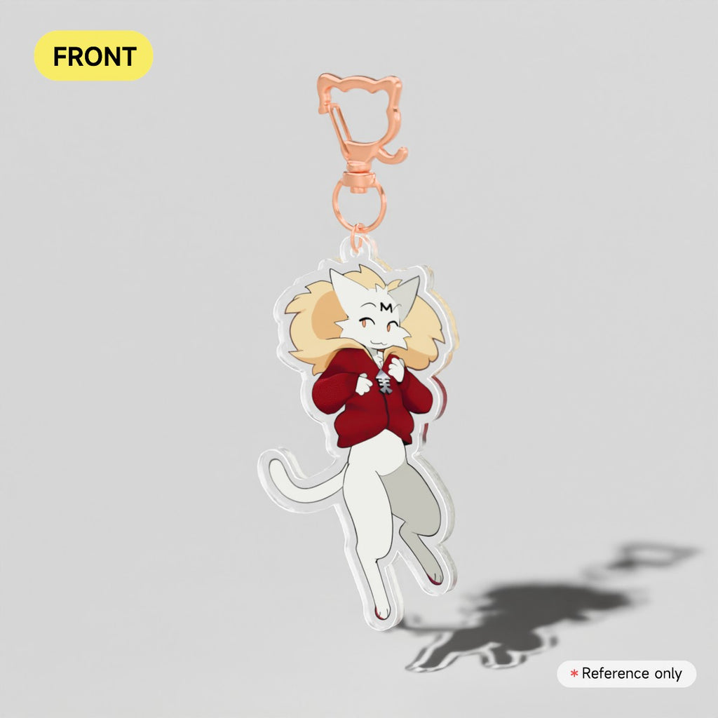 An acrylic keychain charm featuring an anime-style white cat character wearing a red sweater, shown against a light gray background with a yellow 'FRONT' label and a 'Reference only' note.