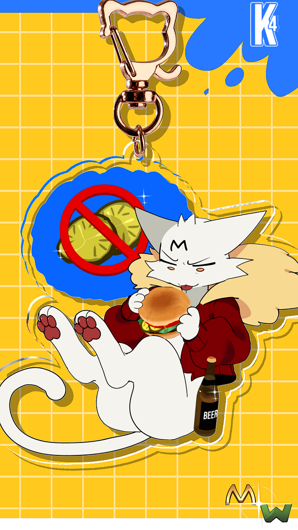 A cartoon-style acrylic keychain charm featuring a white cat character wearing a red sweater and eating a burger, with a blue prohibition symbol over two pickle slices. The charm includes a gold-tone metal clasp and is shown against a yellow grid background with blue paint splashes.