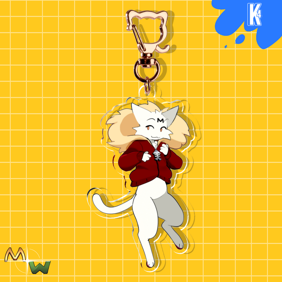 A cartoon-style acrylic keychain charm featuring a white cat character wearing a red hoodie and gray pants, attached to a gold-tone clasp, set against a bright yellow grid background with blue graphic accents.