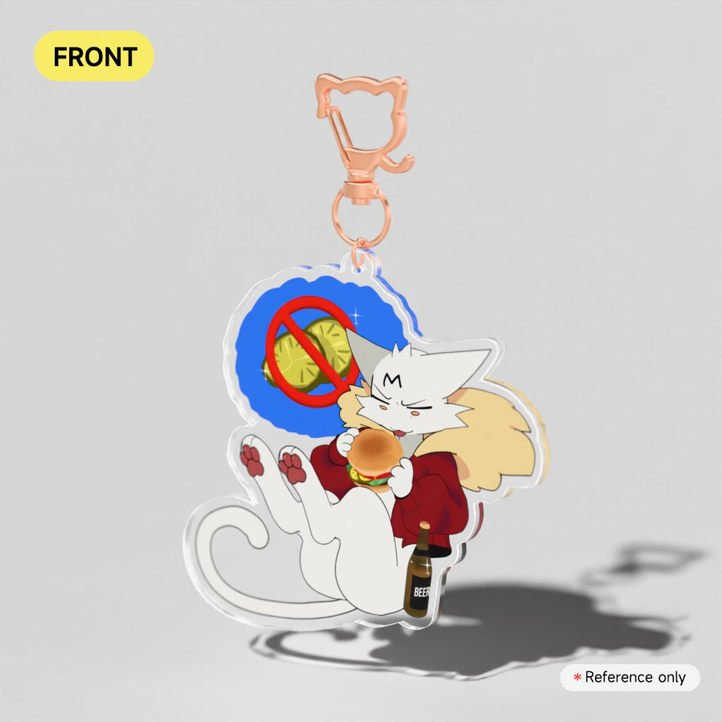 A die-cut acrylic keychain charm featuring an anime-style white cat character wearing a red sweater and holding a burger, with a peach-colored metal clasp at the top. The charm is shown on a light gray background with a yellow 'FRONT' label in the top-left corner.