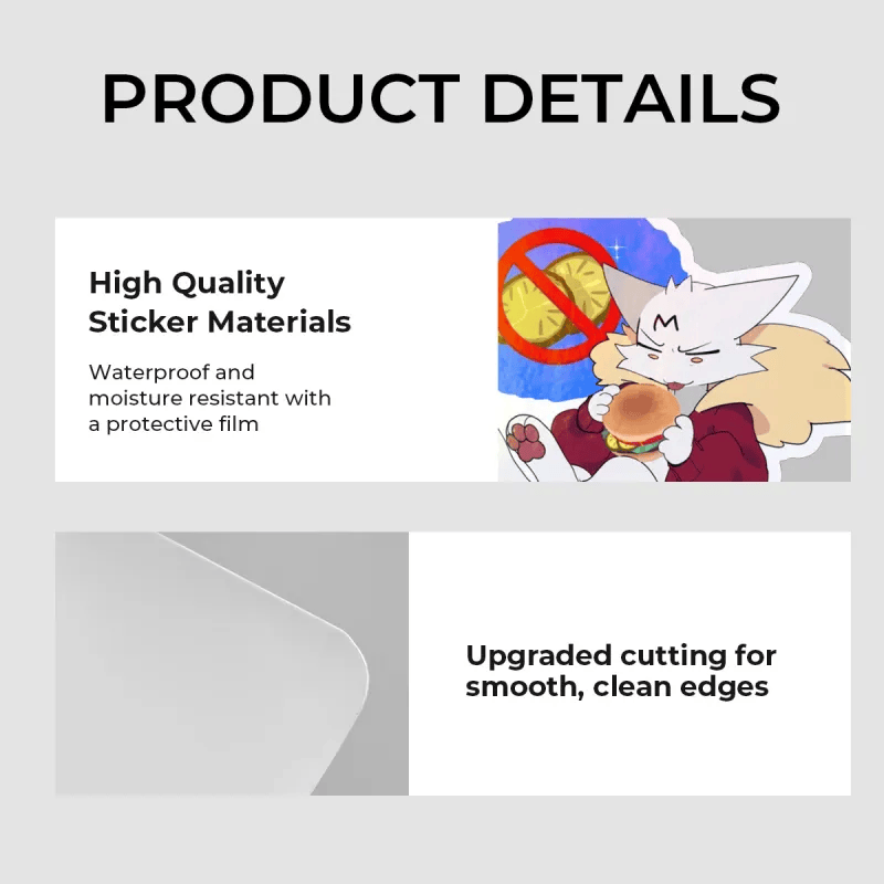 Product details graphic showing text callouts about high quality sticker materials and upgraded cutting for smooth, clean edges, with a small illustrated sample of a sticker on the right.