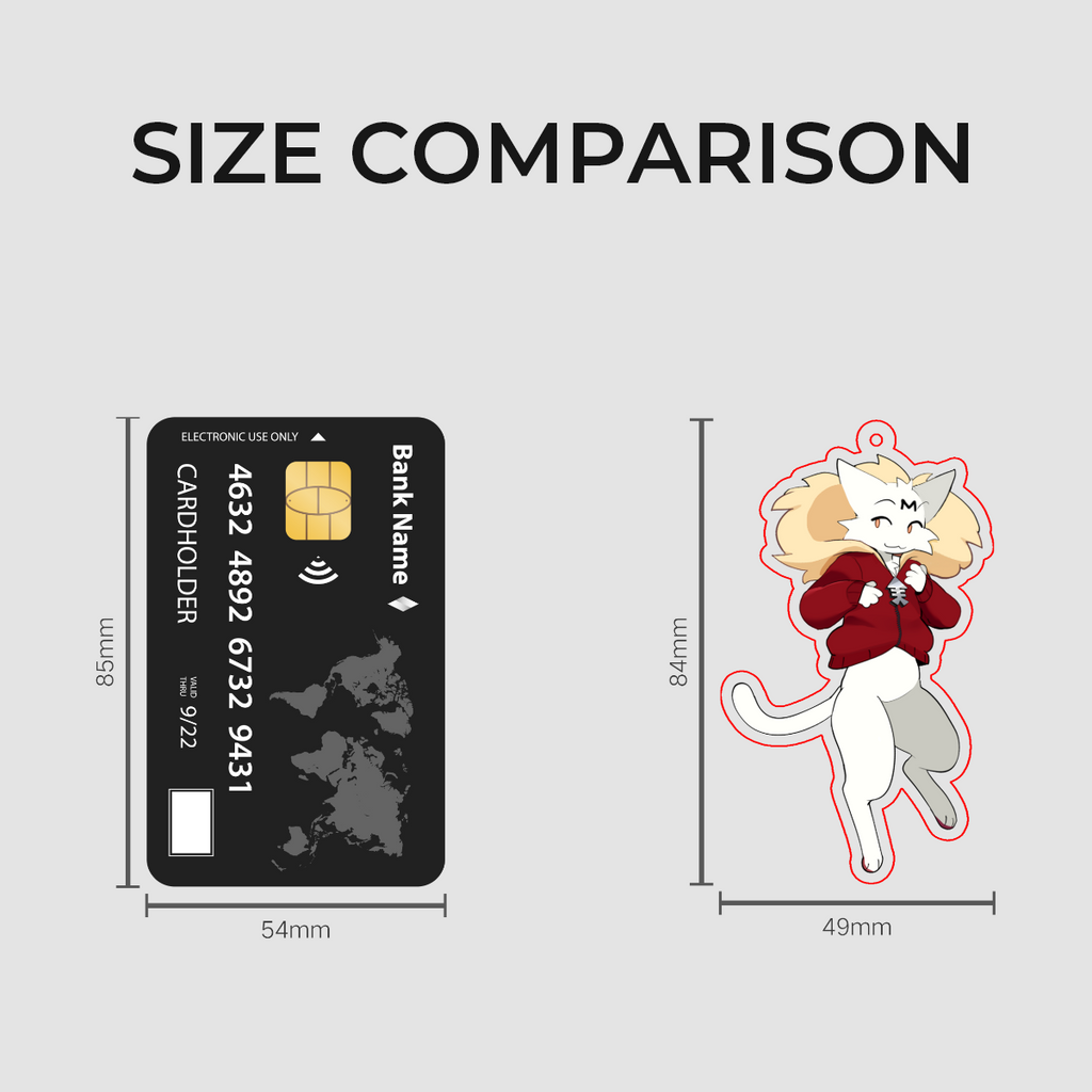 Size comparison graphic showing a black credit-card-sized product on the left and a cartoon cat character sticker on the right, with dimensions labeled in millimeters on a light gray background.