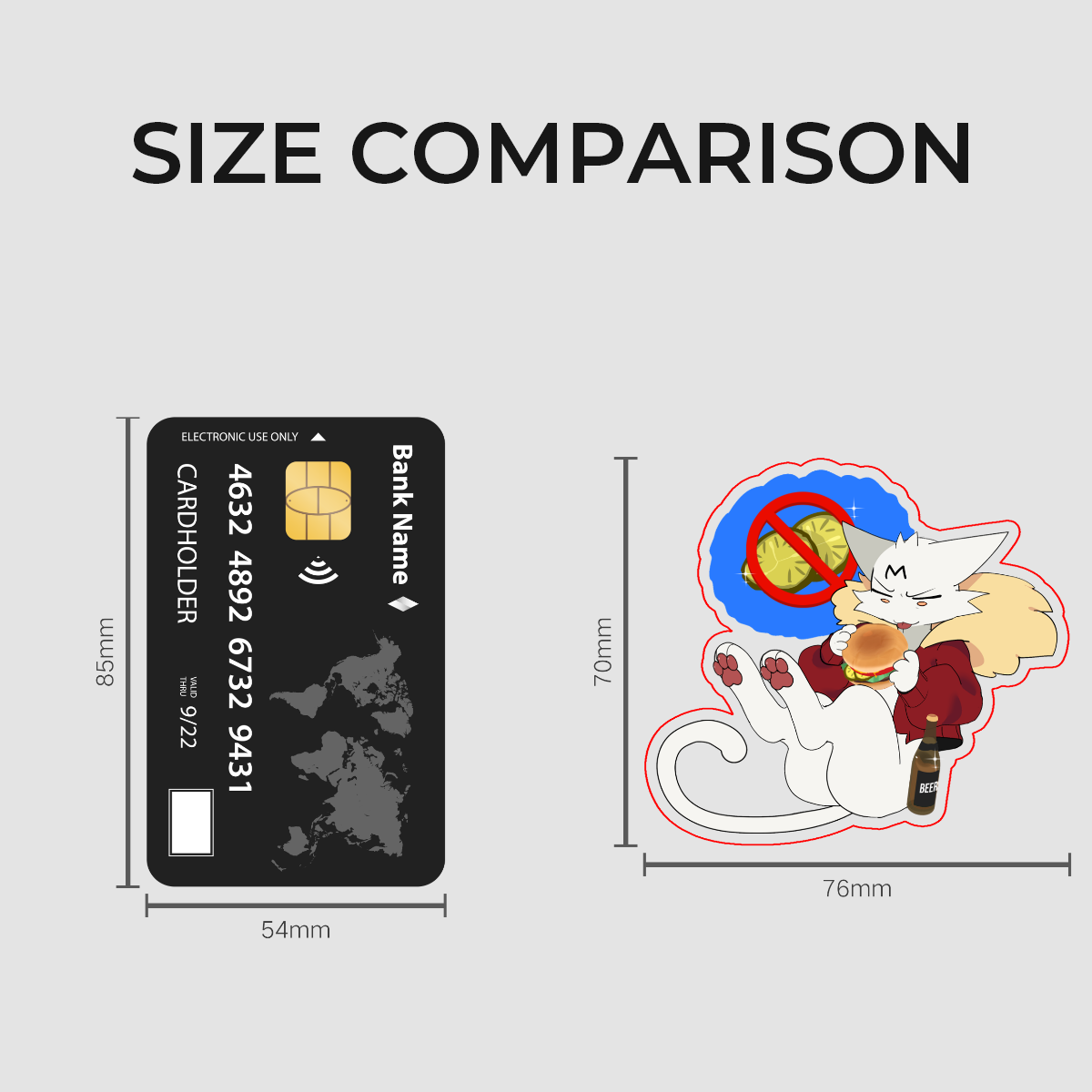 Size comparison graphic showing a black credit card-shaped item on the left and a cartoon cat-shaped sticker or decal on the right, with dimensions labeled 85mm, 54mm, 70mm, and 76mm on a light gray background.